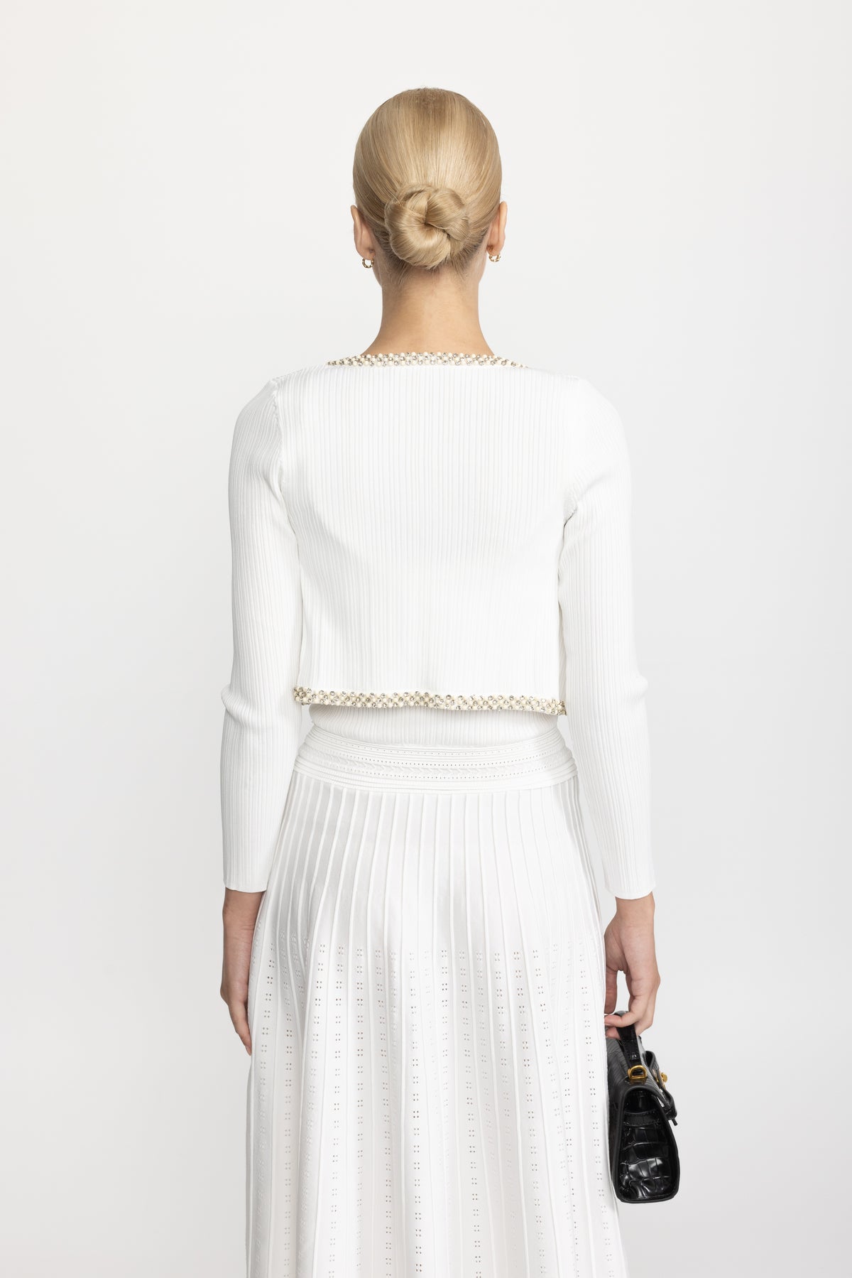 Pearl Trim Knit Tank Midi Dress and Bolero Set - White