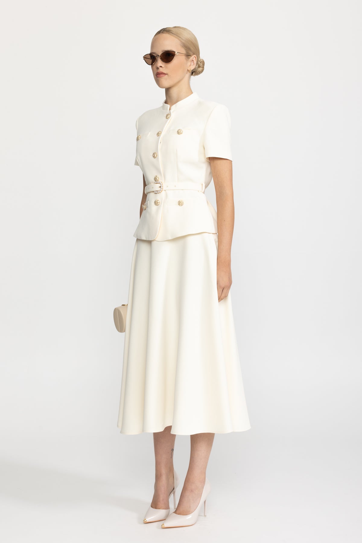 Belted Button Jacket and A-Line Midi Skirt Co-ord Set - Ivoire