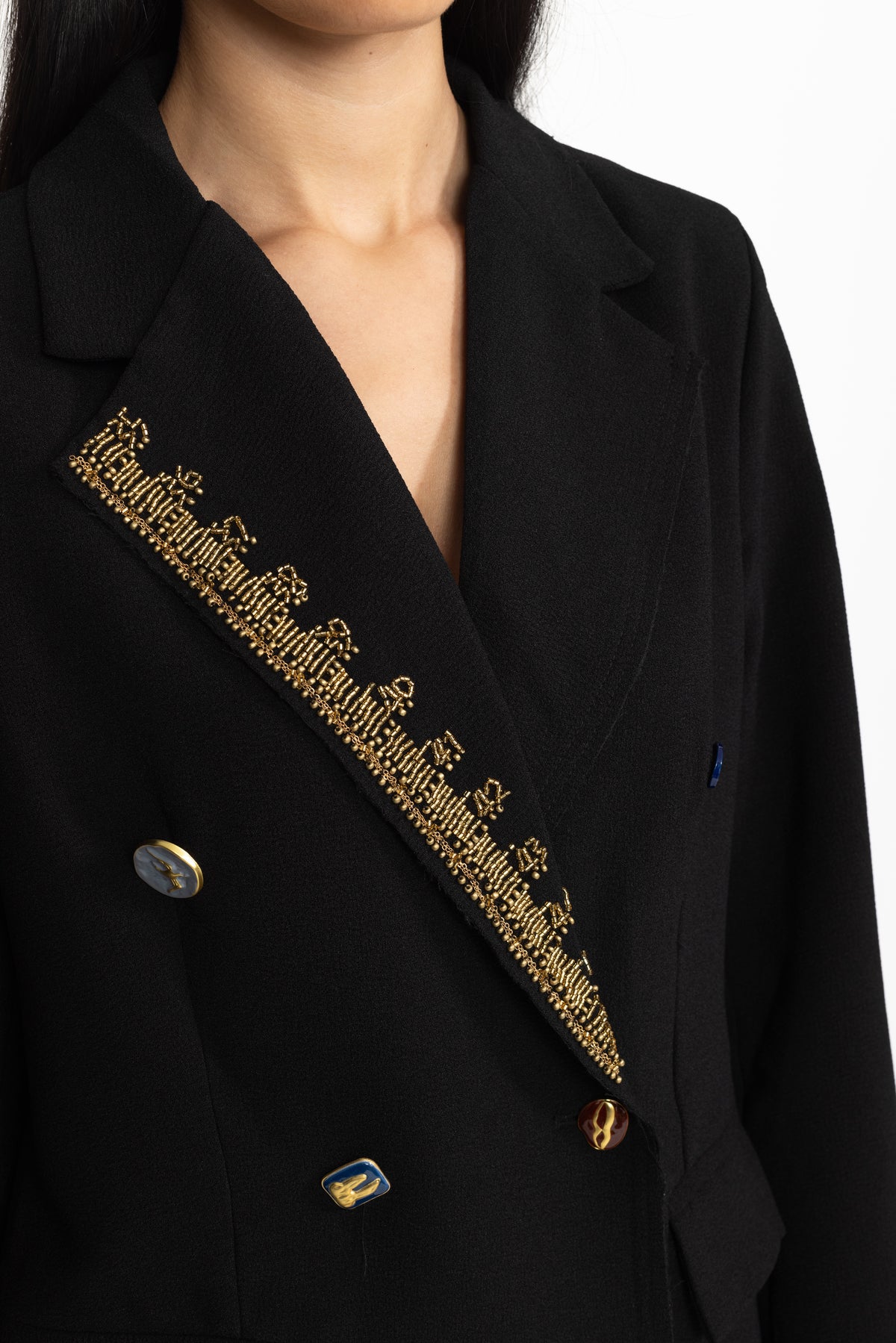 Embellished Lapel Double-Breasted Longline Coat - Black