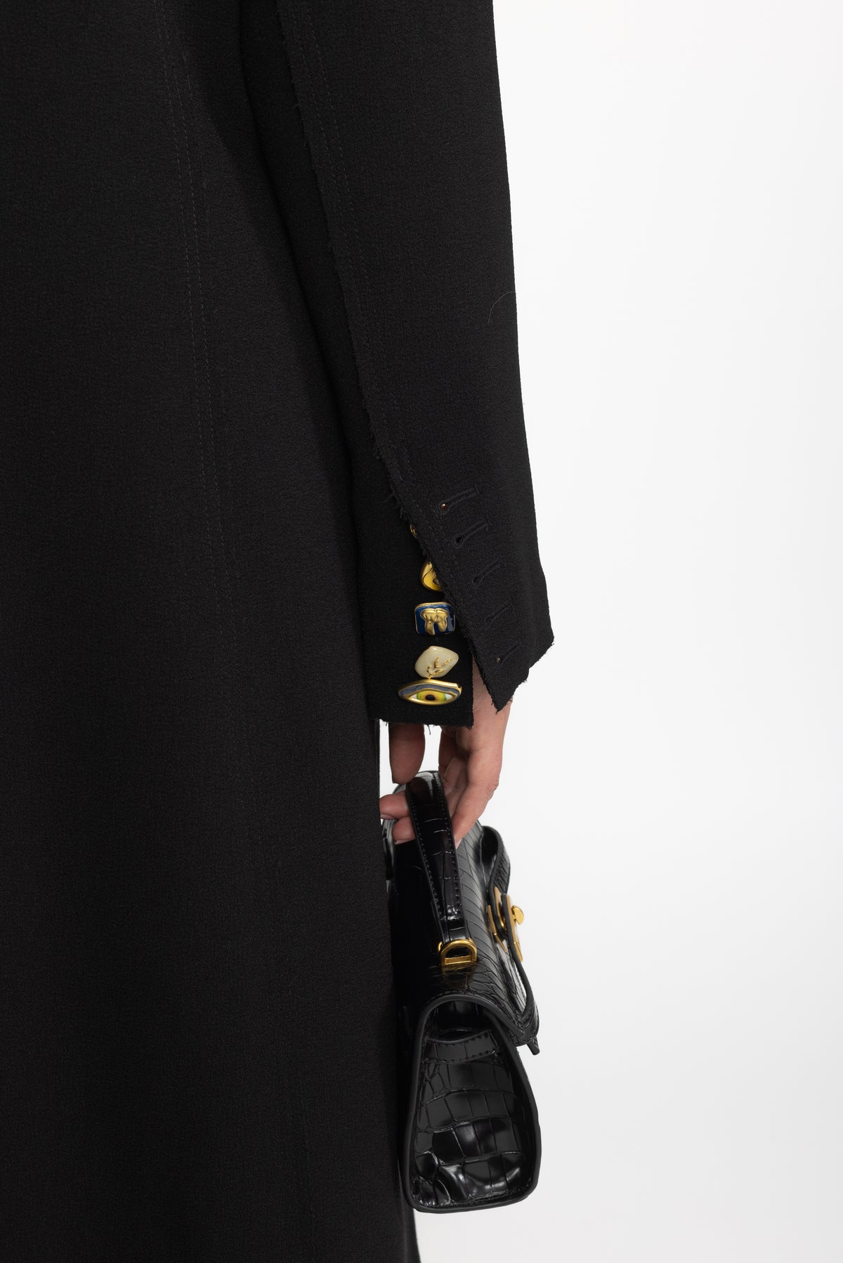 Embellished Lapel Double-Breasted Longline Coat - Black