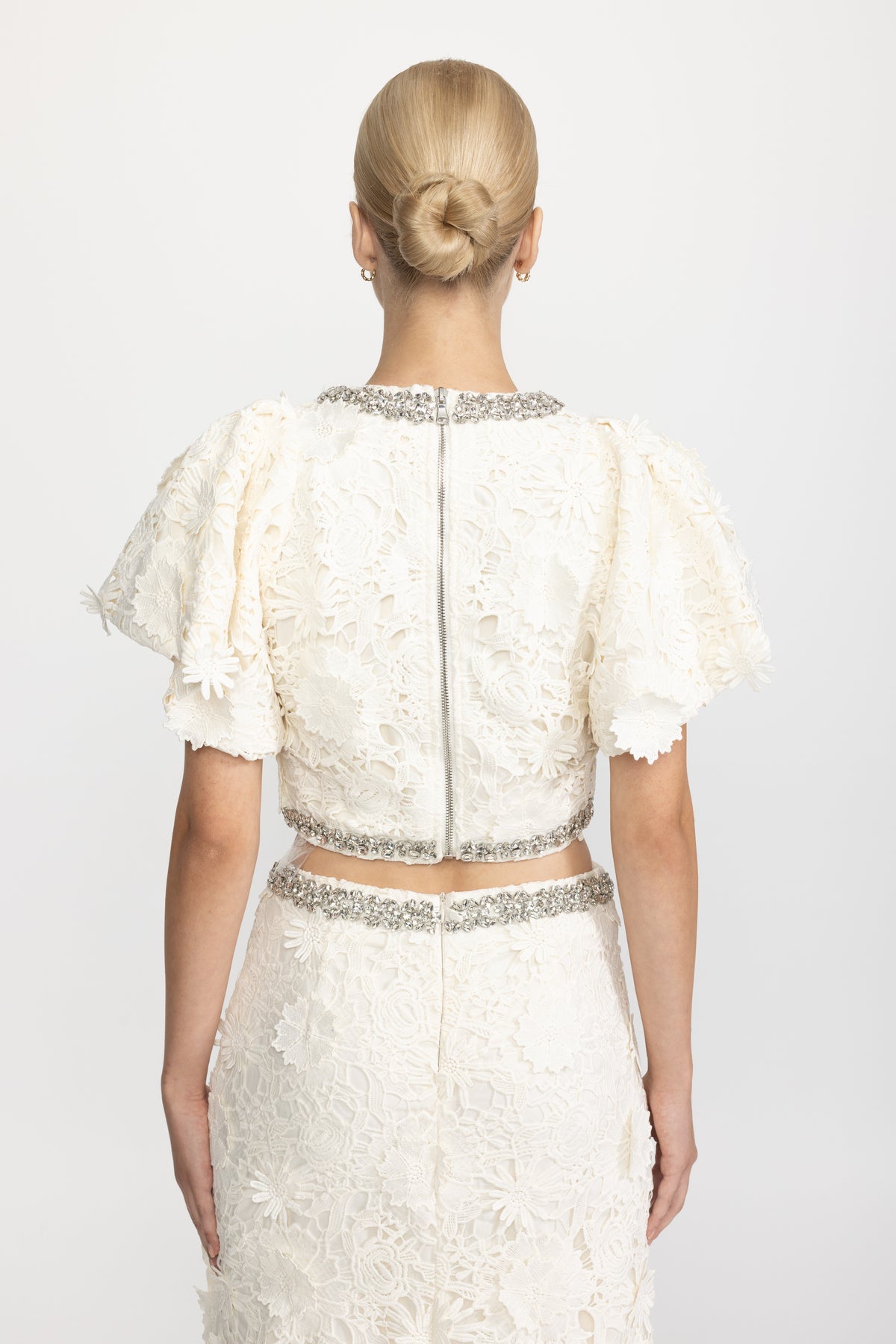 Crystal Trim Guipure Lace Crop Top and Maxi Skirt Co-ord Set - Ivoire