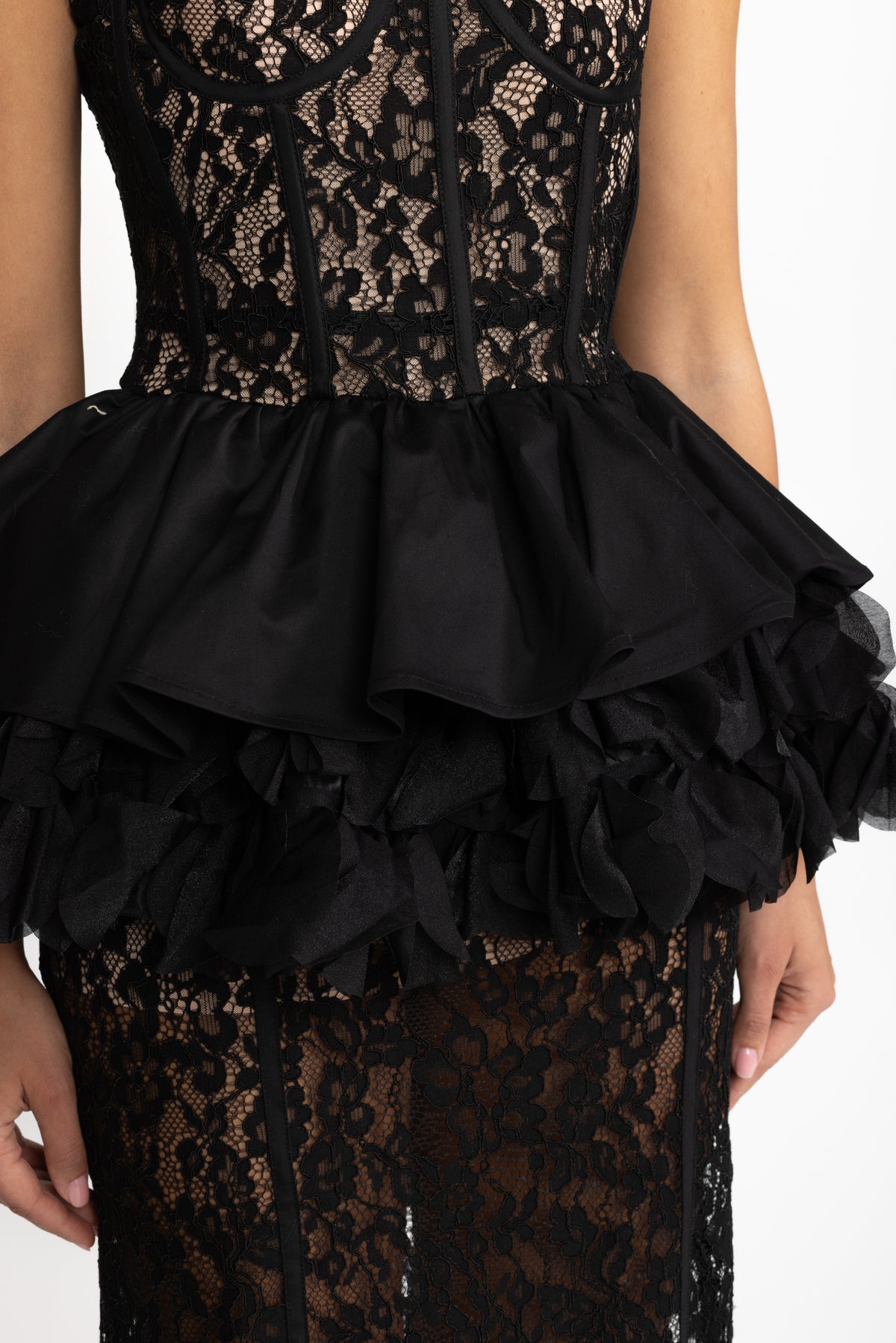 Lace Corset Ruffle Peplum Maxi Dress - Black