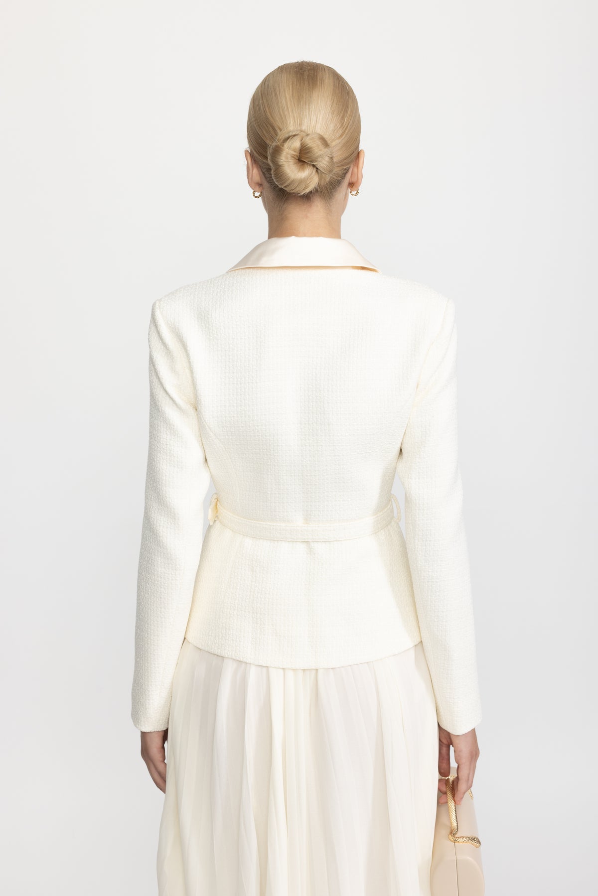 Satin Collar Tweed Jacket Dress with Pleated Lace Skirt - Ivoire