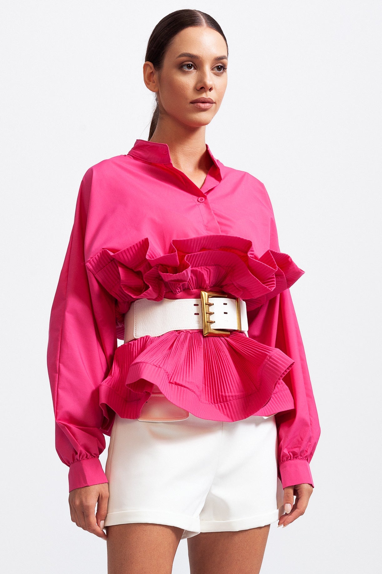 Ruffle Shirt with Massive Belt - Fuchsia
