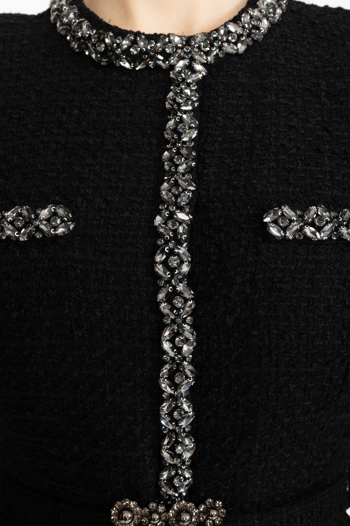 Tweed- und Satin-Midikleid mit Kristallbesatz und Schößchen - Schwarz 