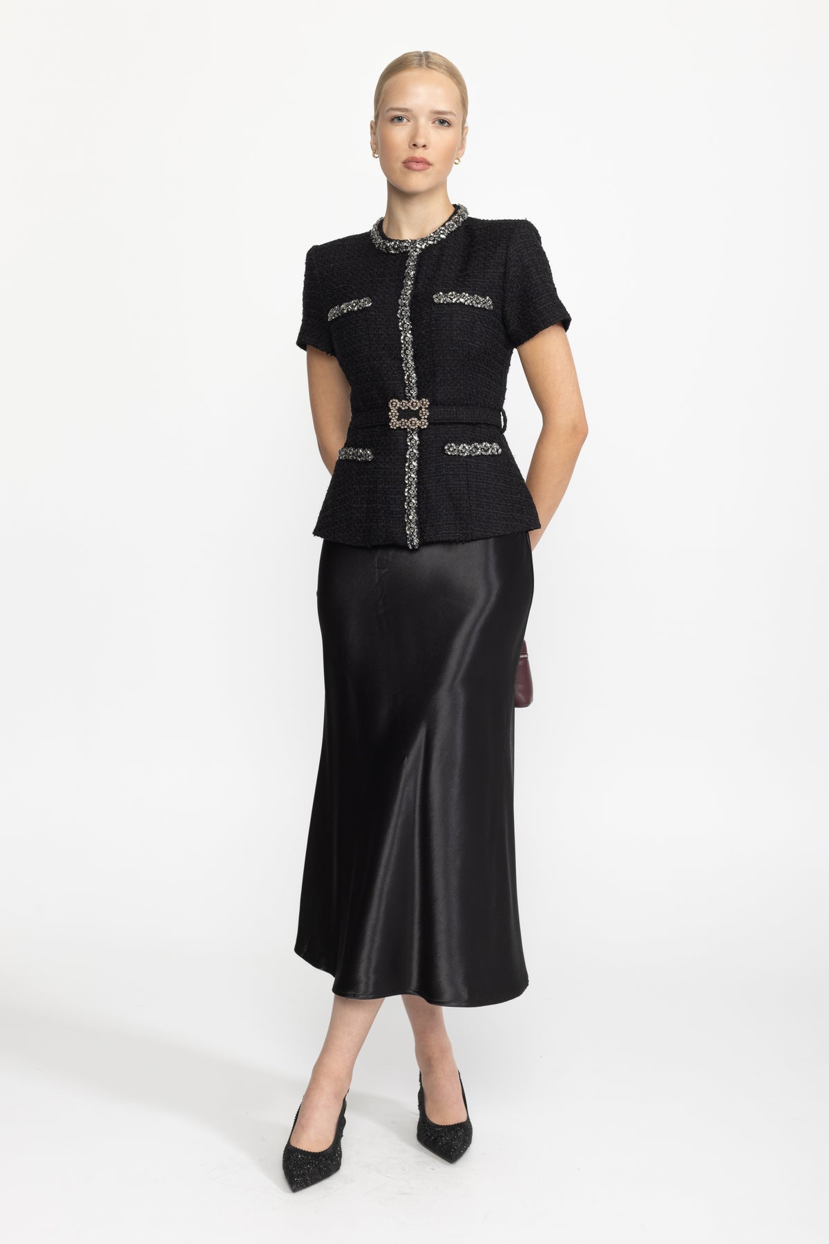 Tweed- und Satin-Midikleid mit Kristallbesatz und Schößchen - Schwarz 
