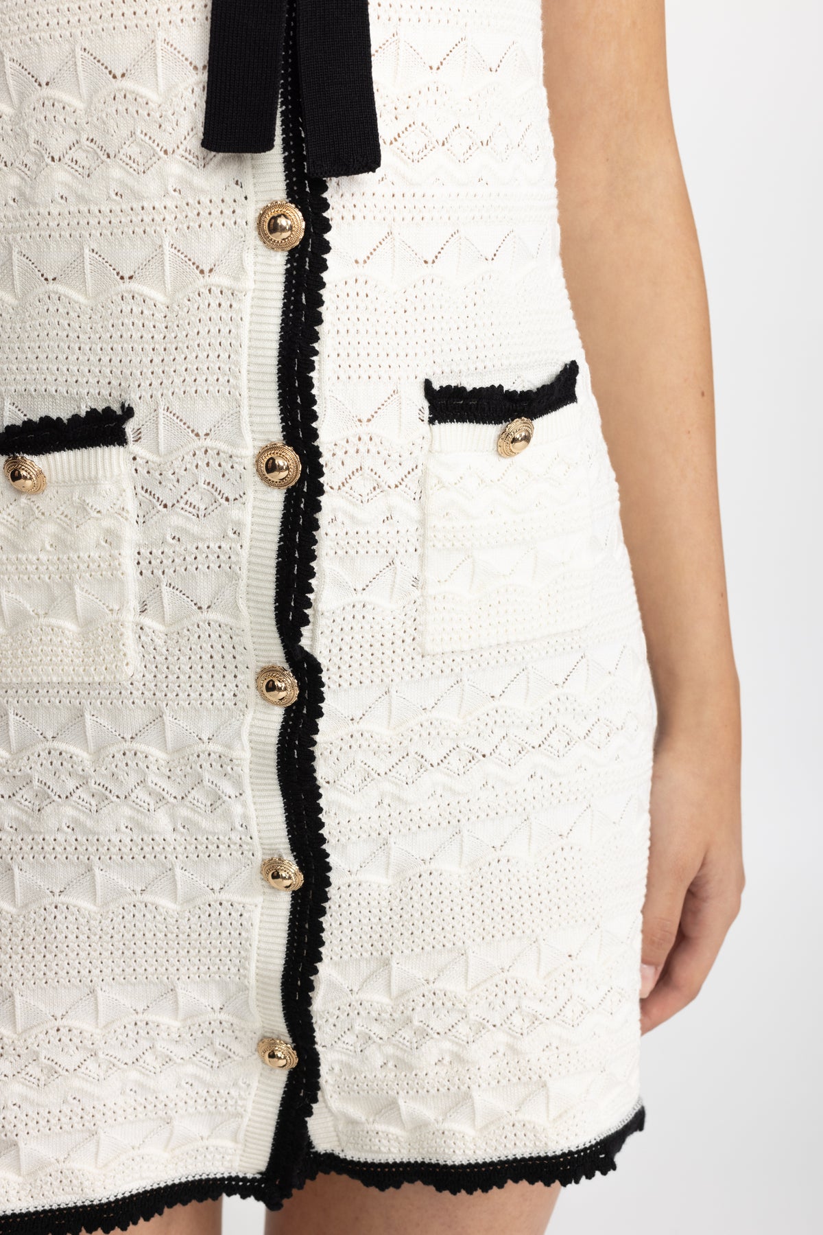 Bow Detail Crochet Knit Sleeveless Mini Dress - White