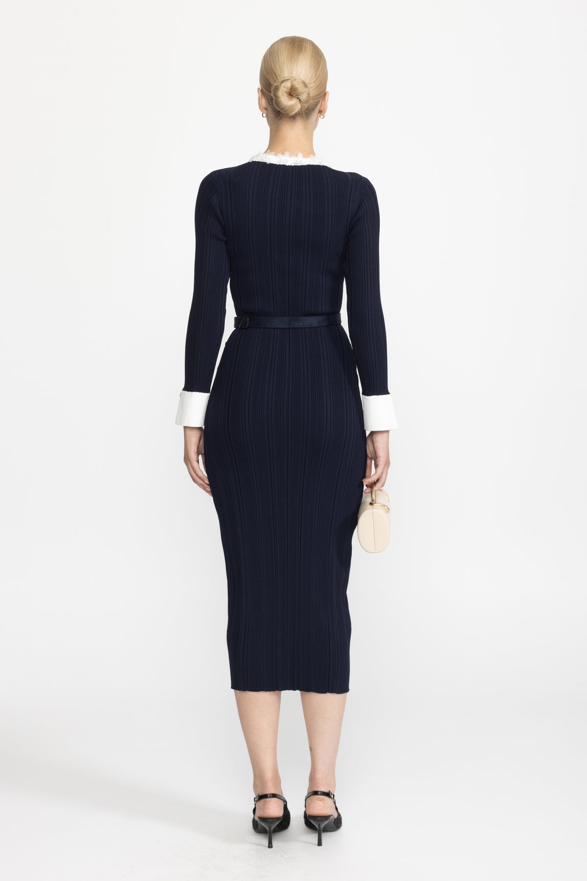 Organza Ruffle Trim Rib Knit Belted Midi Dress - Navy