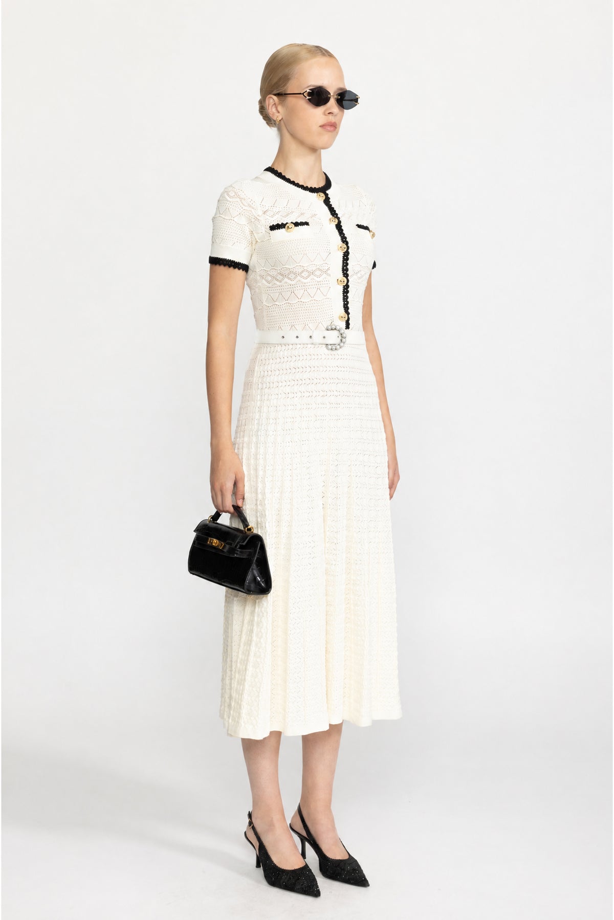 Pointelle Knit Belted Midi Dress - Ivoire