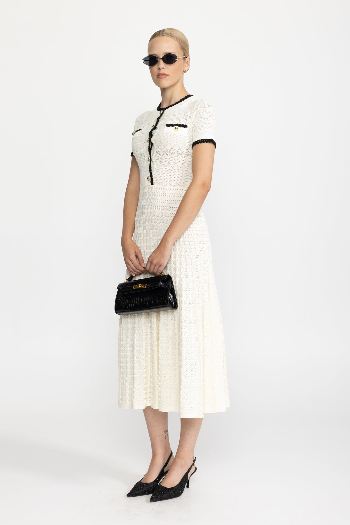 Pointelle Knit Belted Midi Dress - Ivoire