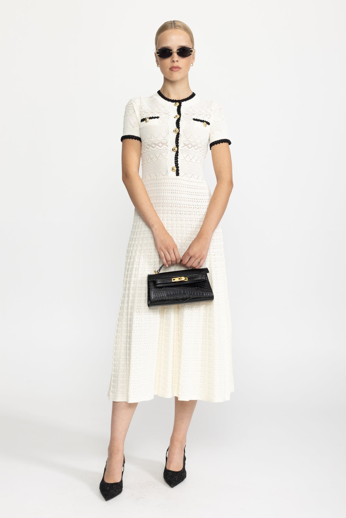 Pointelle Knit Belted Midi Dress - Ivoire