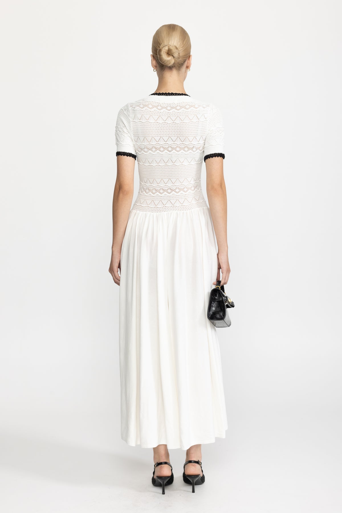 Pointelle Knit Bodice Belted Maxi Dress - White