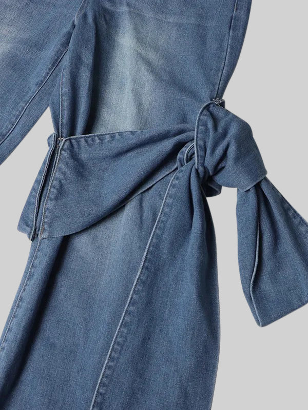 Wide Leg Jeans with Bow Details - Blue