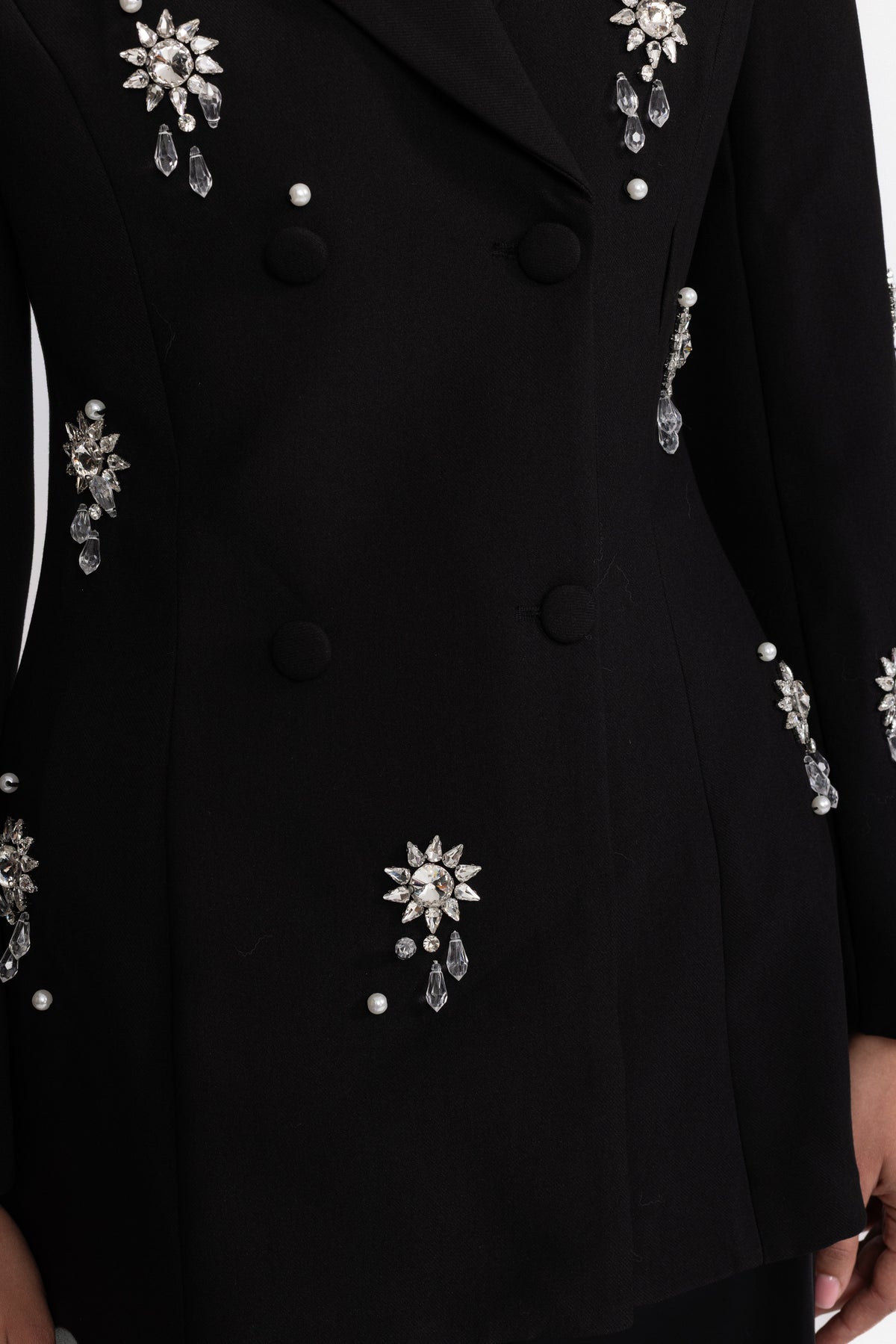 Crystal Brooch Embellished Double-Breasted Blazer - Black
