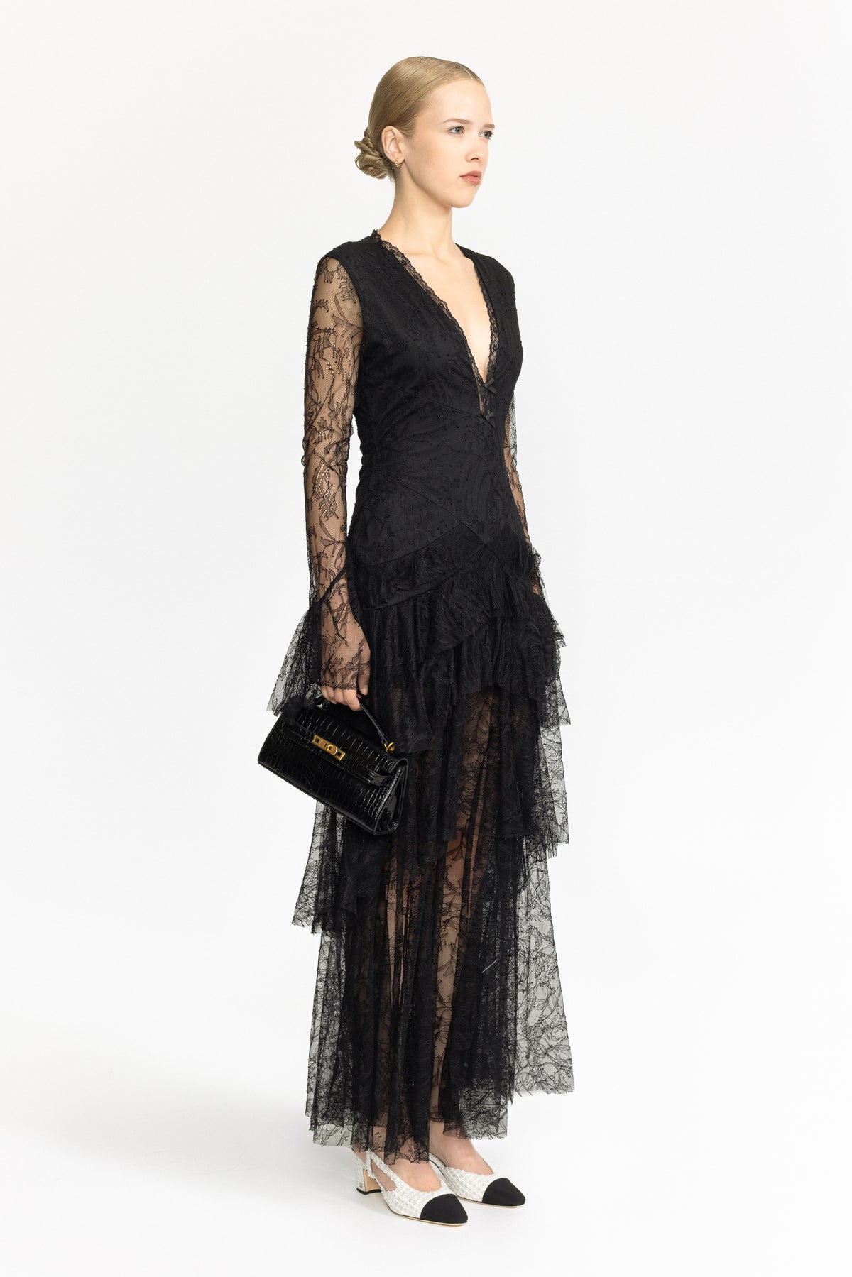 Chantilly Lace Tiered Maxi Dress - Black