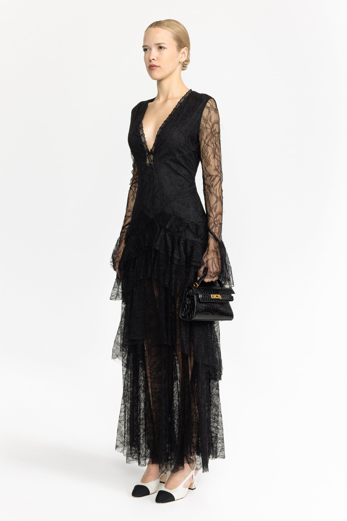 Chantilly Lace Tiered Maxi Dress - Black