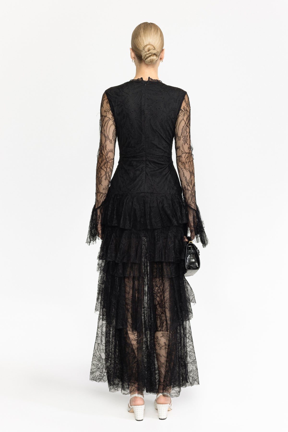 Chantilly Lace Tiered Maxi Dress - Black