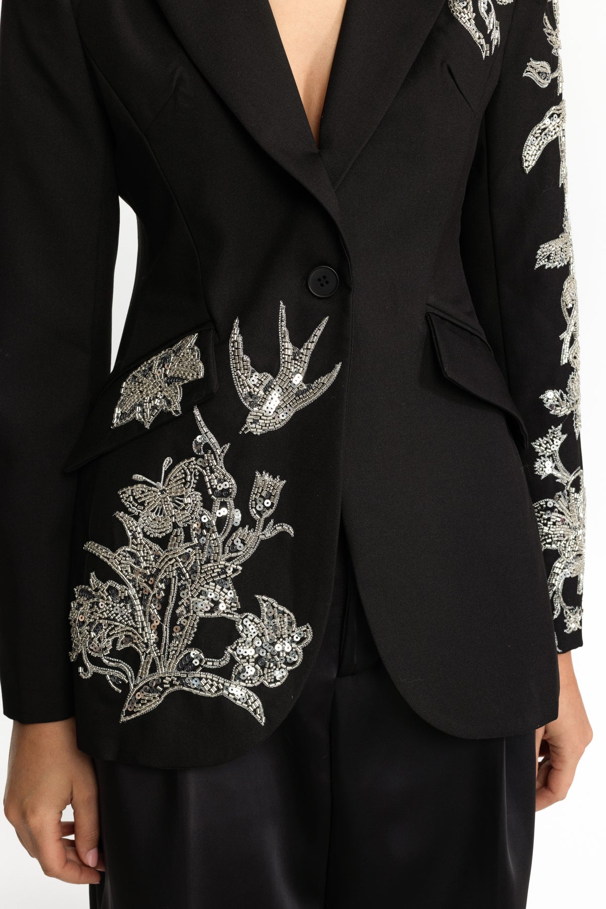 Sequin Bird Embroidered Tailored Blazer - Black