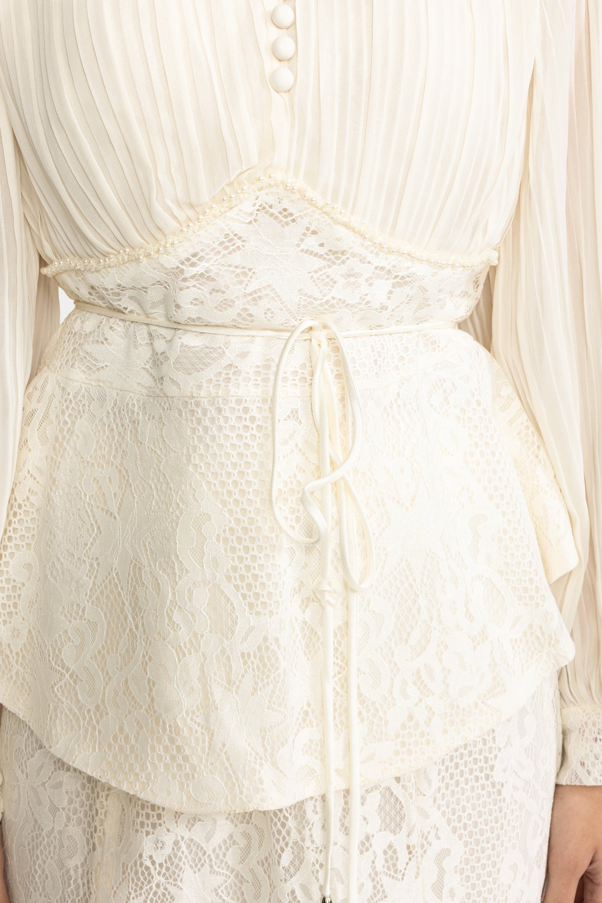 Pleated Chiffon Lace Peplum Blouse and Maxi Skirt Set - Ivoire