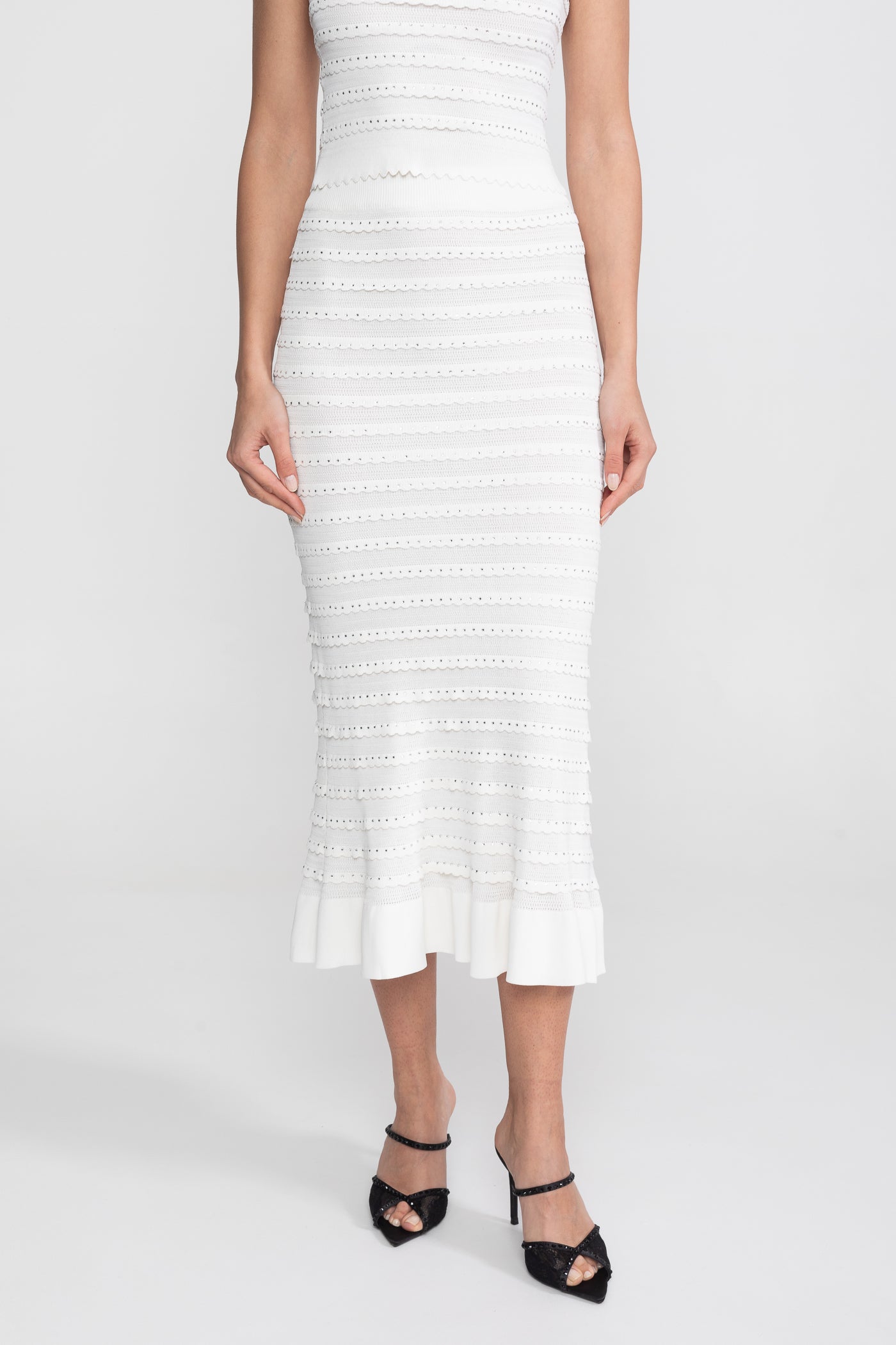 Textured Knit 3 Piece Set With Blazer, Top and Midi Skirt - White