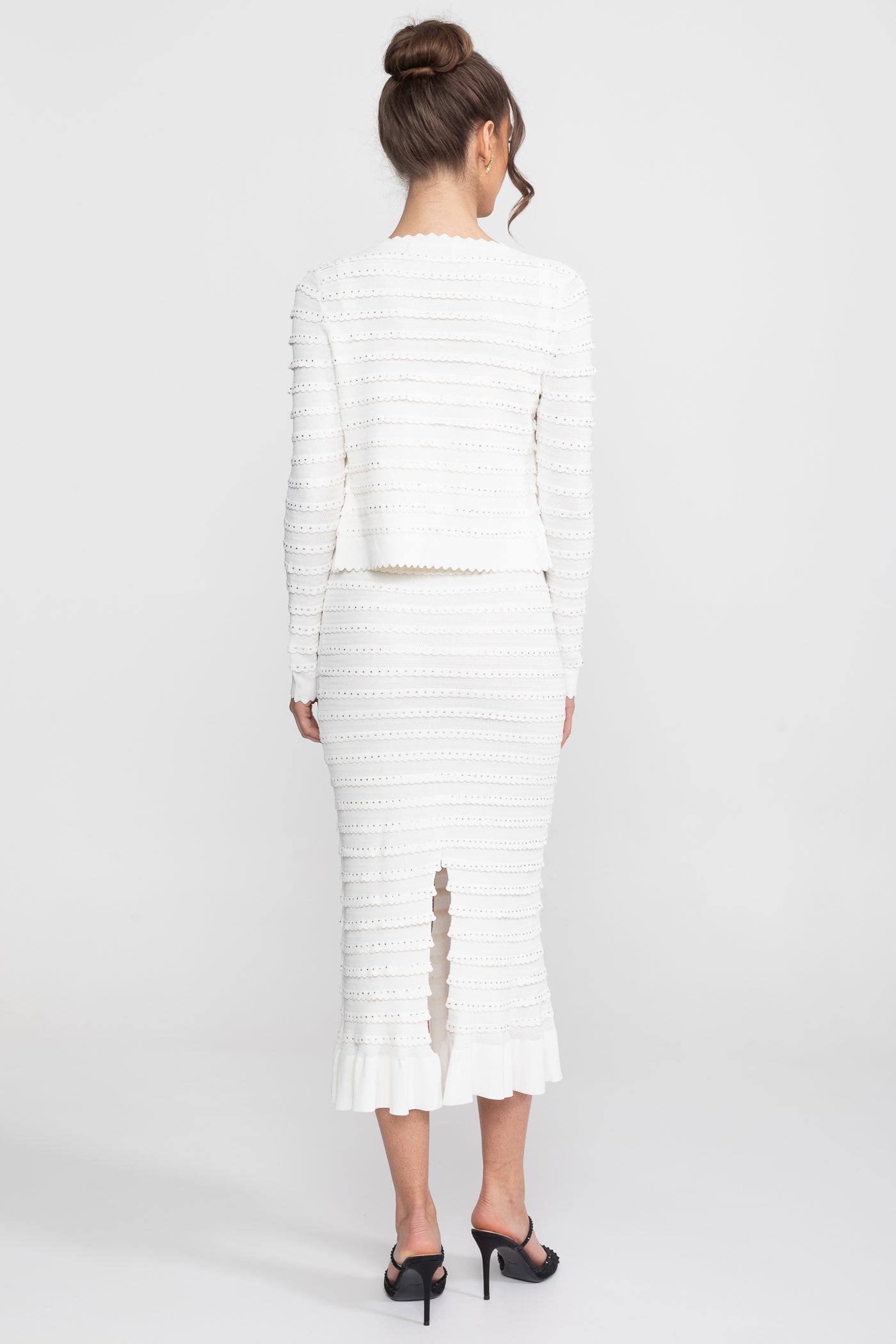 Textured Knit 3 Piece Set With Blazer, Top and Midi Skirt - White