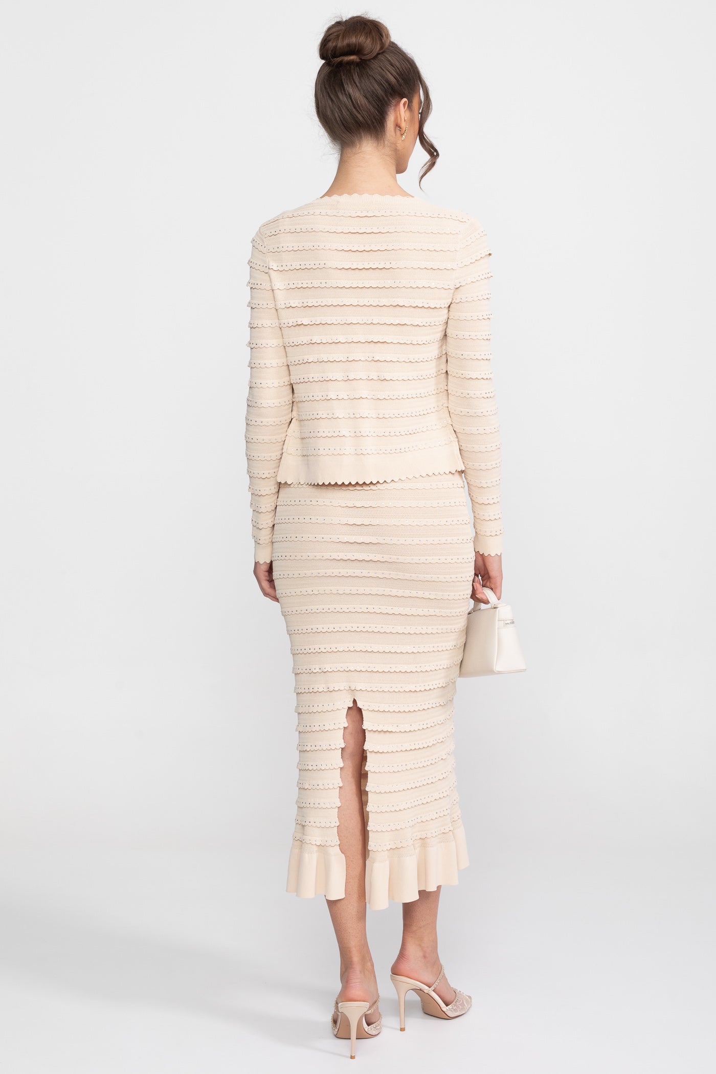 Strukturierter Strick-3-Teile-Set mit Blazer, Top und Midi-Rock - Beige 