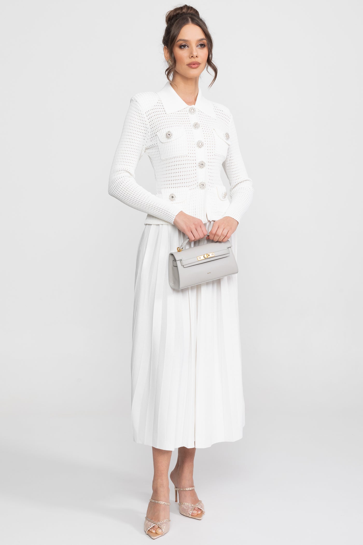 Open-Knit Dress with Pleated Midi Skirt - White