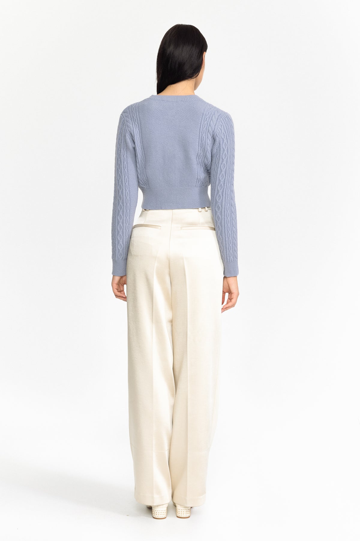 Cable-Strick-Cardigan mit Perlen und Schleife - Blau 