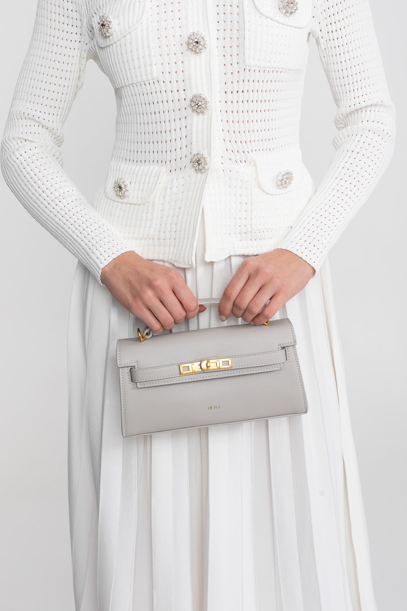 Structured Kelly-Style Mini Bag With Gold-Tone Hardware - Light Gray