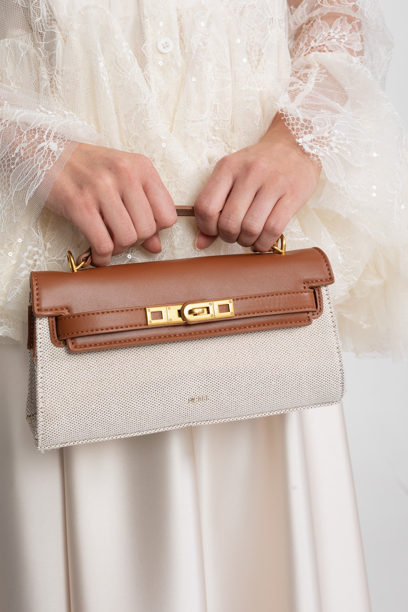Structured Kelly-Style Mini Bag With Gold-Tone Hardware - Brown/Gray
