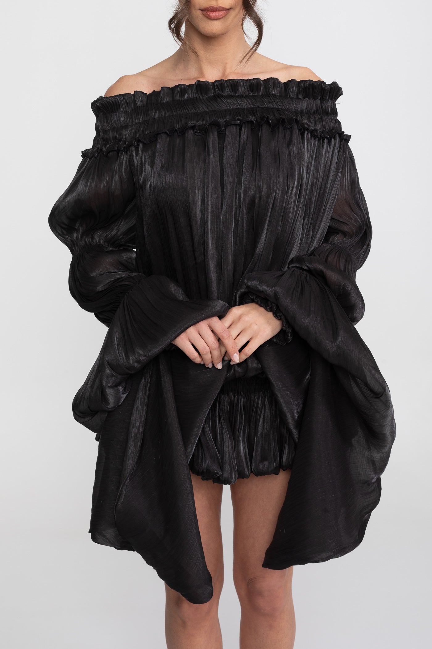 Off-Shoulder Ruffle Mini Dress With Draped Sleeves - Black