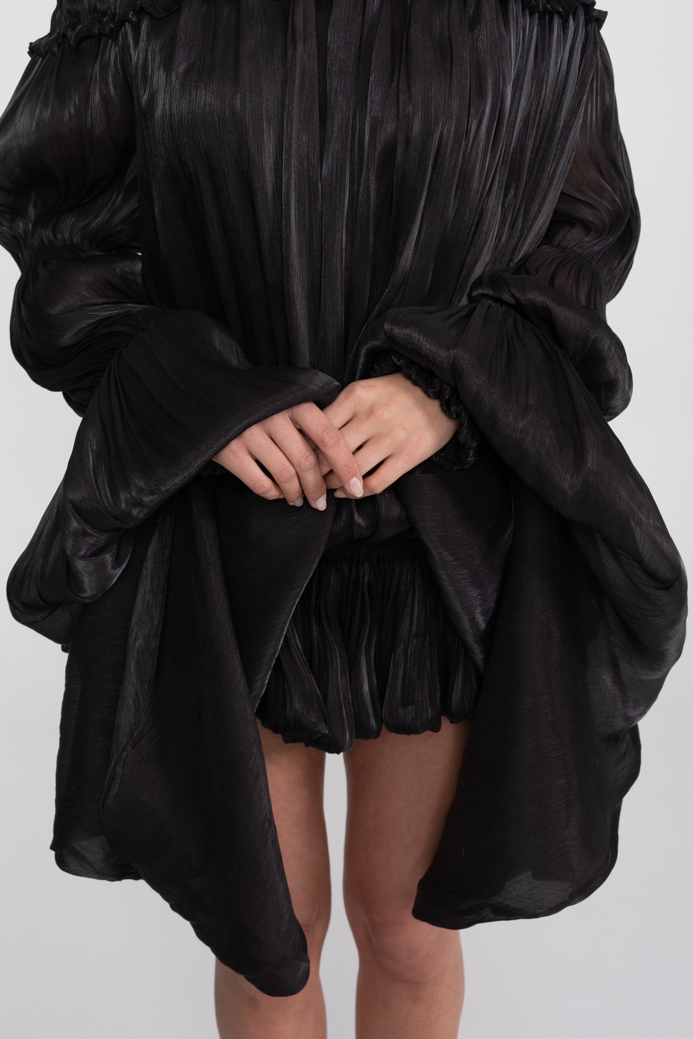 Off-Shoulder Ruffle Mini Dress With Draped Sleeves - Black