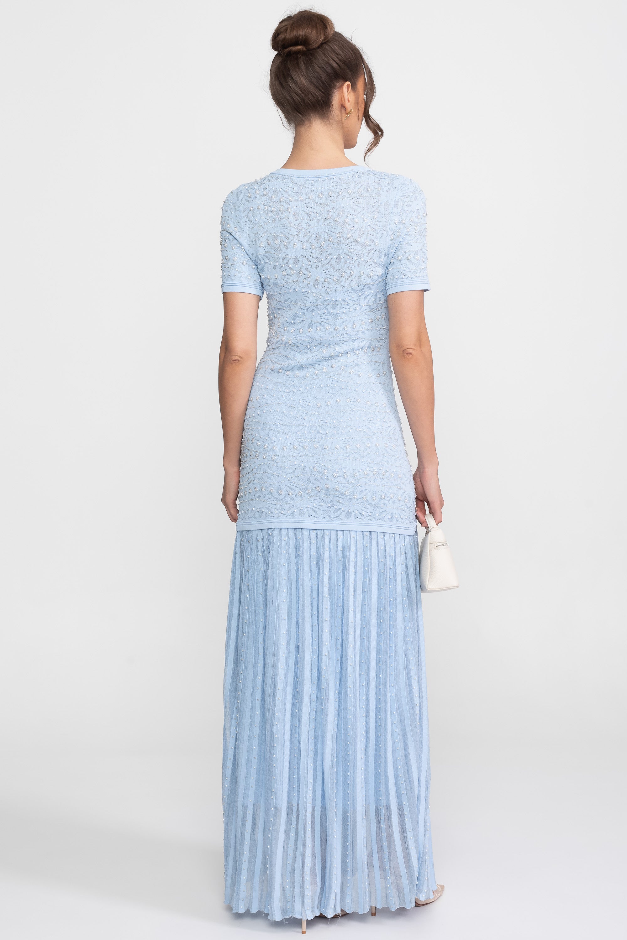 Midi-Kleid mit kurzen Ärmeln und Perlenverzierung - Powder Blue 