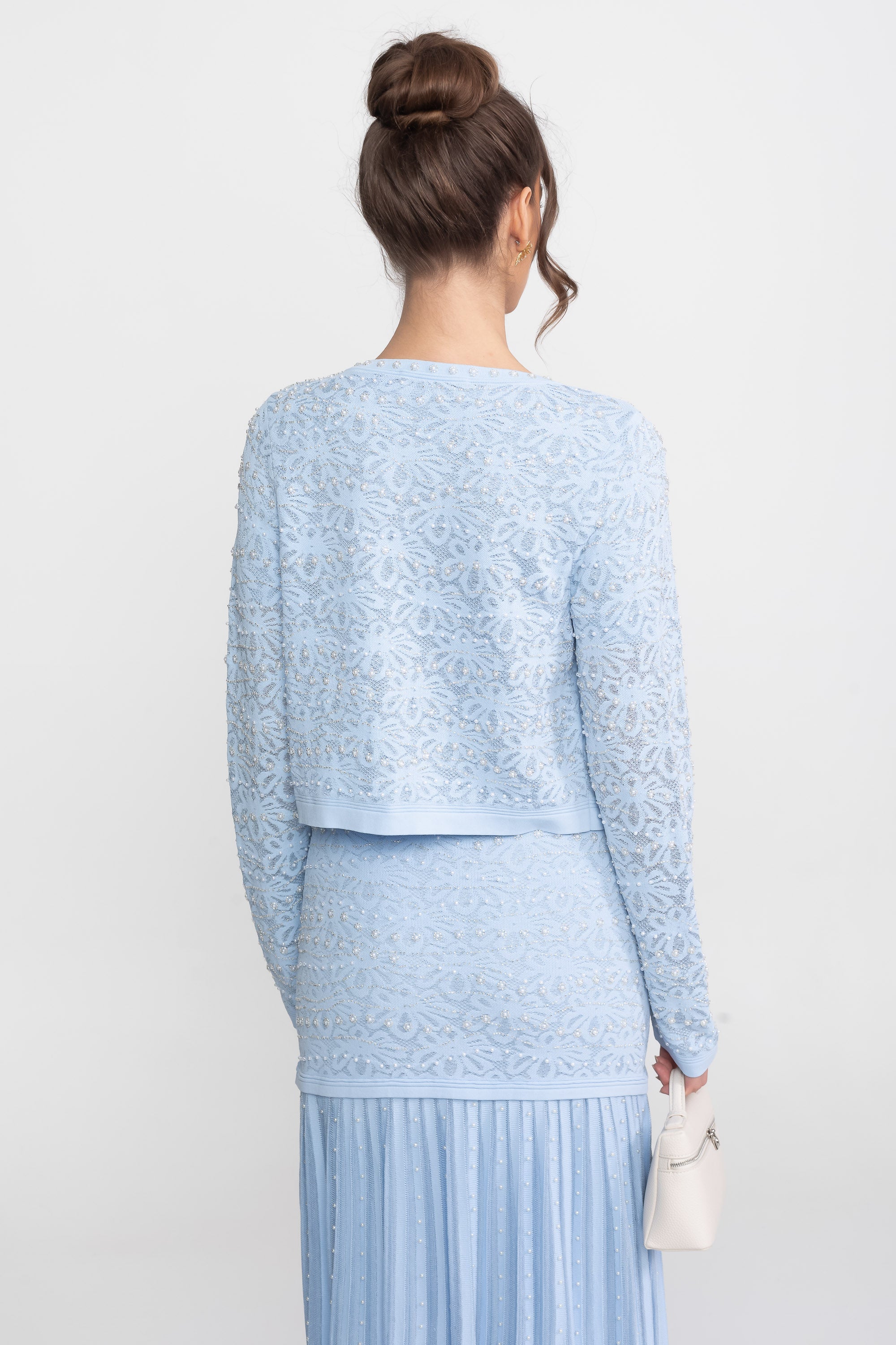 Embellished Long Sleeve Cardigan With Pearl Button Closure - Blue