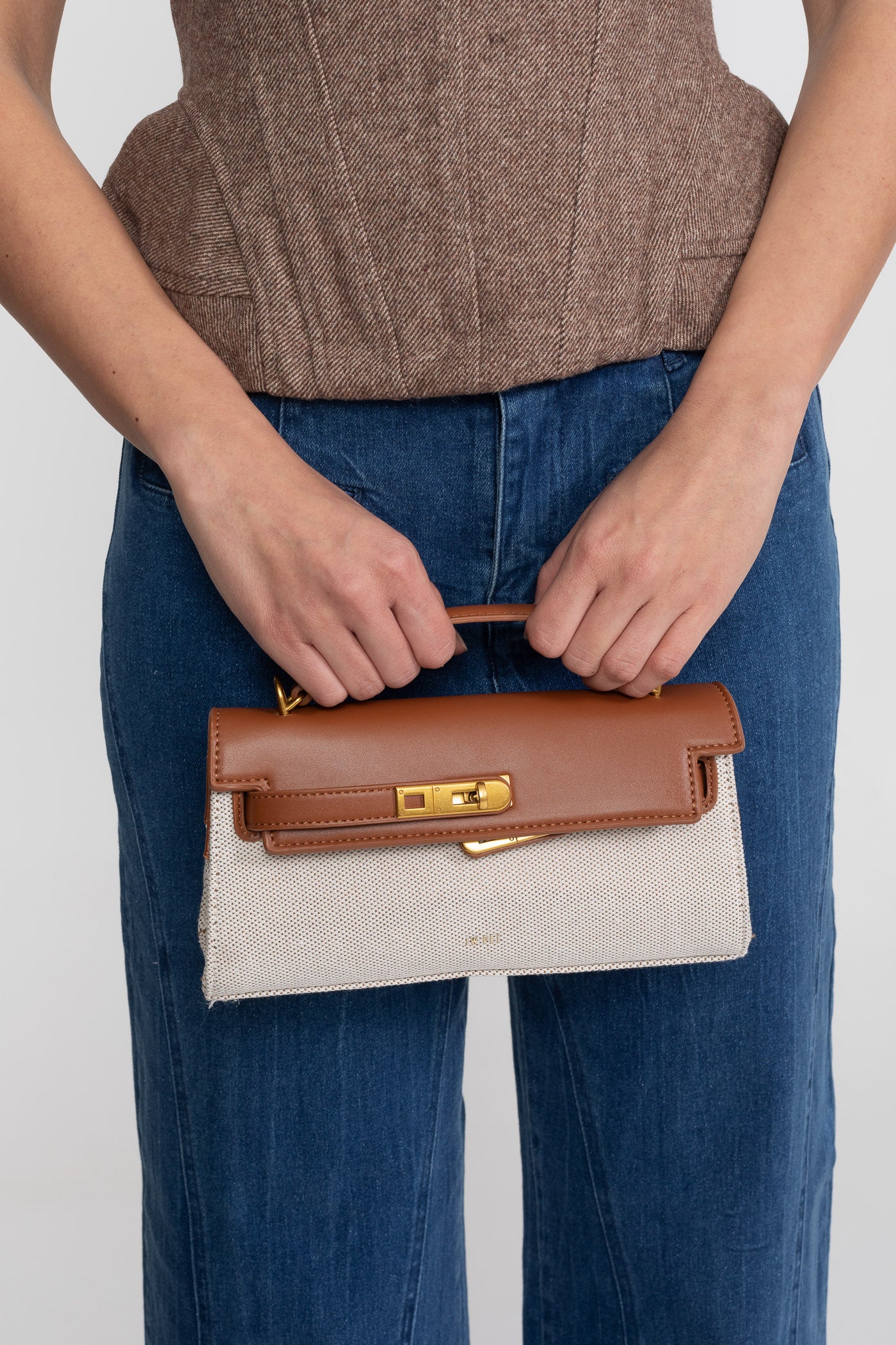 Structured Kelly-Style Mini Bag With Gold-Tone Hardware - Brown/Gray