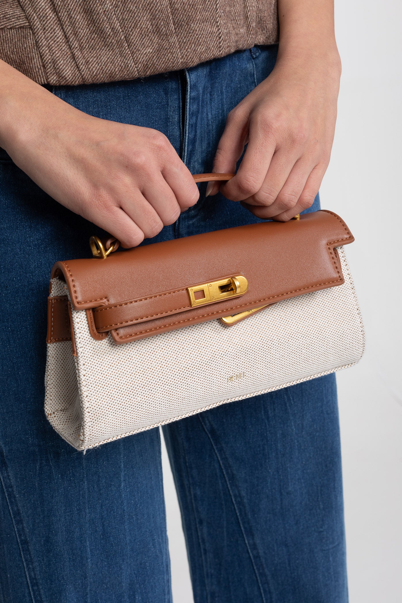 Structured Kelly-Style Mini Bag With Gold-Tone Hardware - Brown/Gray