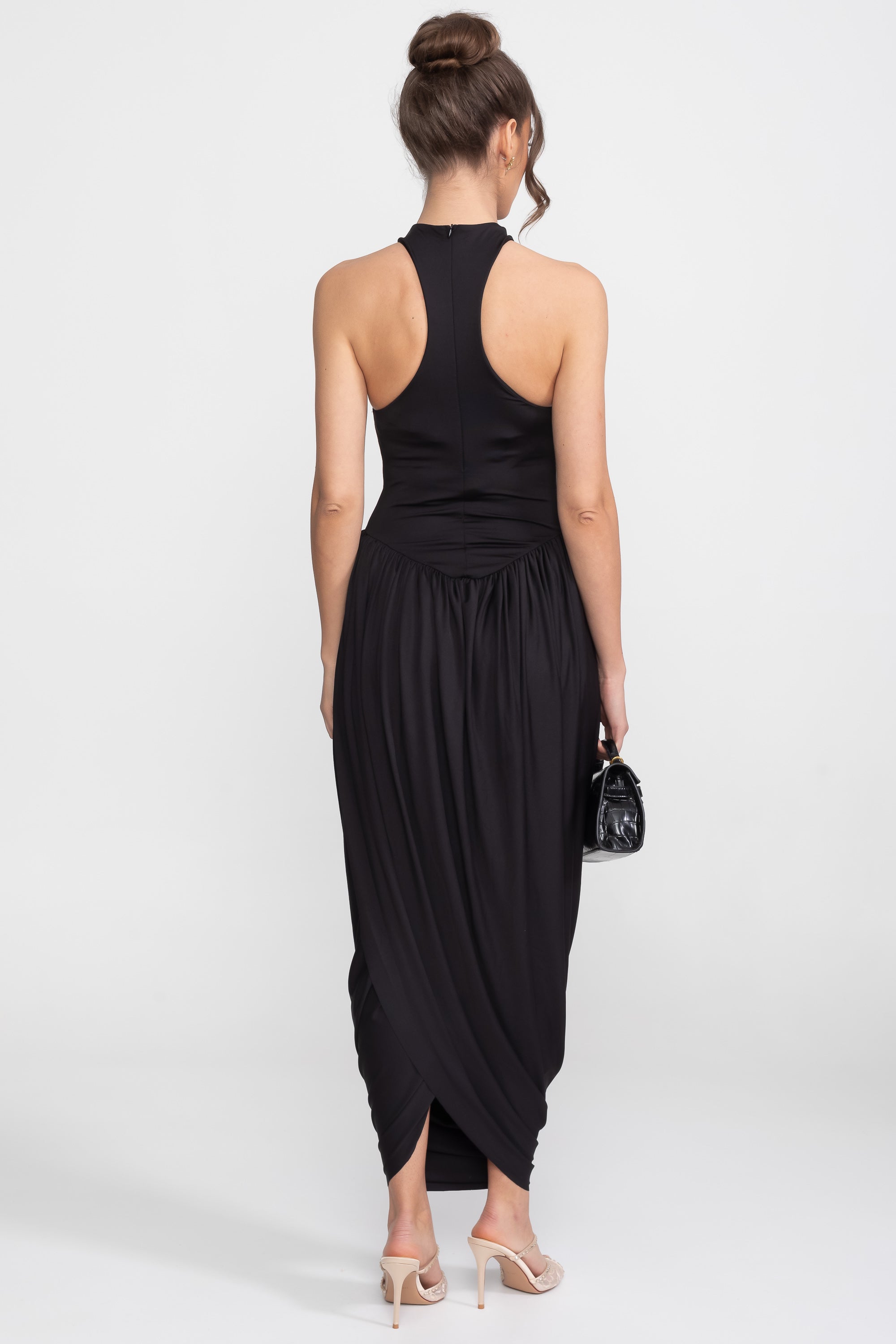 Maxikleid mit Neckholder und gerafftem Ballonrock - Schwarz 