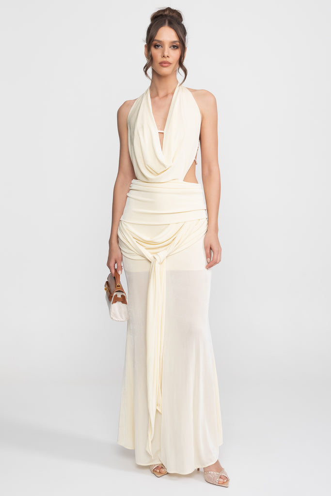Gerafftes Halterneck-Abendkleid mit Drapierung und seitlichem Bindedetail - Ivoire 