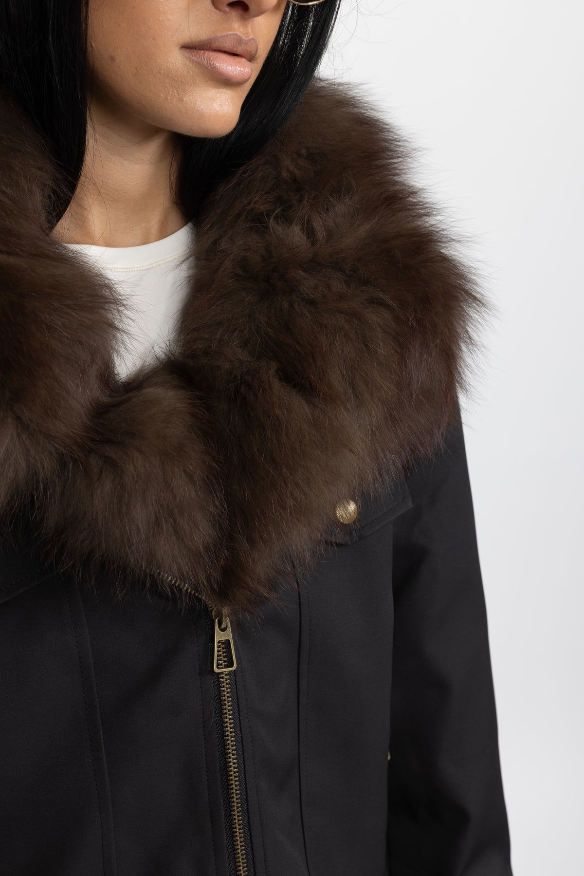 Fox Fur Collar and Cuff Down Utility Jacket - Black