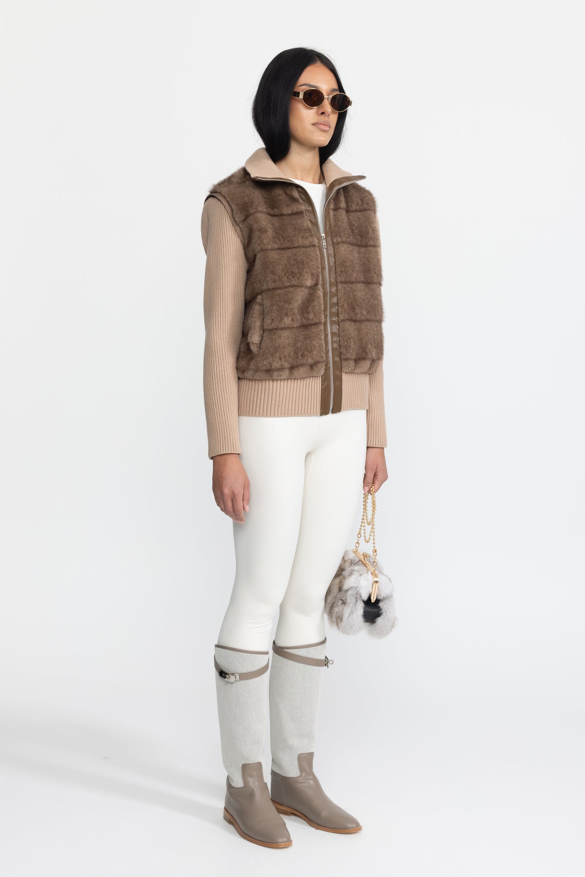 Plush Panel Knit Sleeve Zip Jacket - Mocha