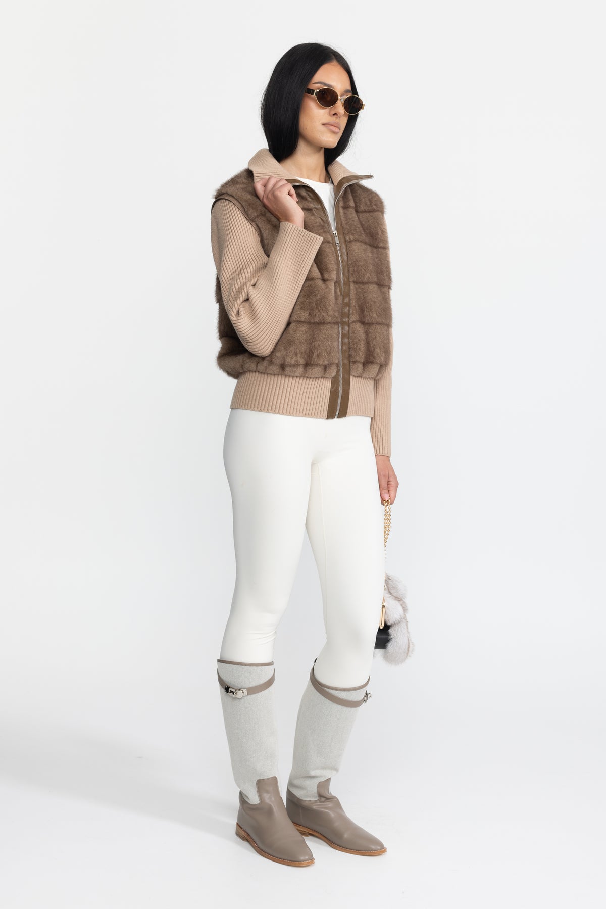 Plush Panel Knit Sleeve Zip Jacket - Mocha