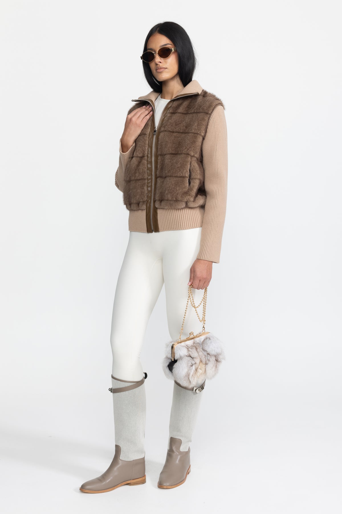 Plush Panel Knit Sleeve Zip Jacket - Mocha