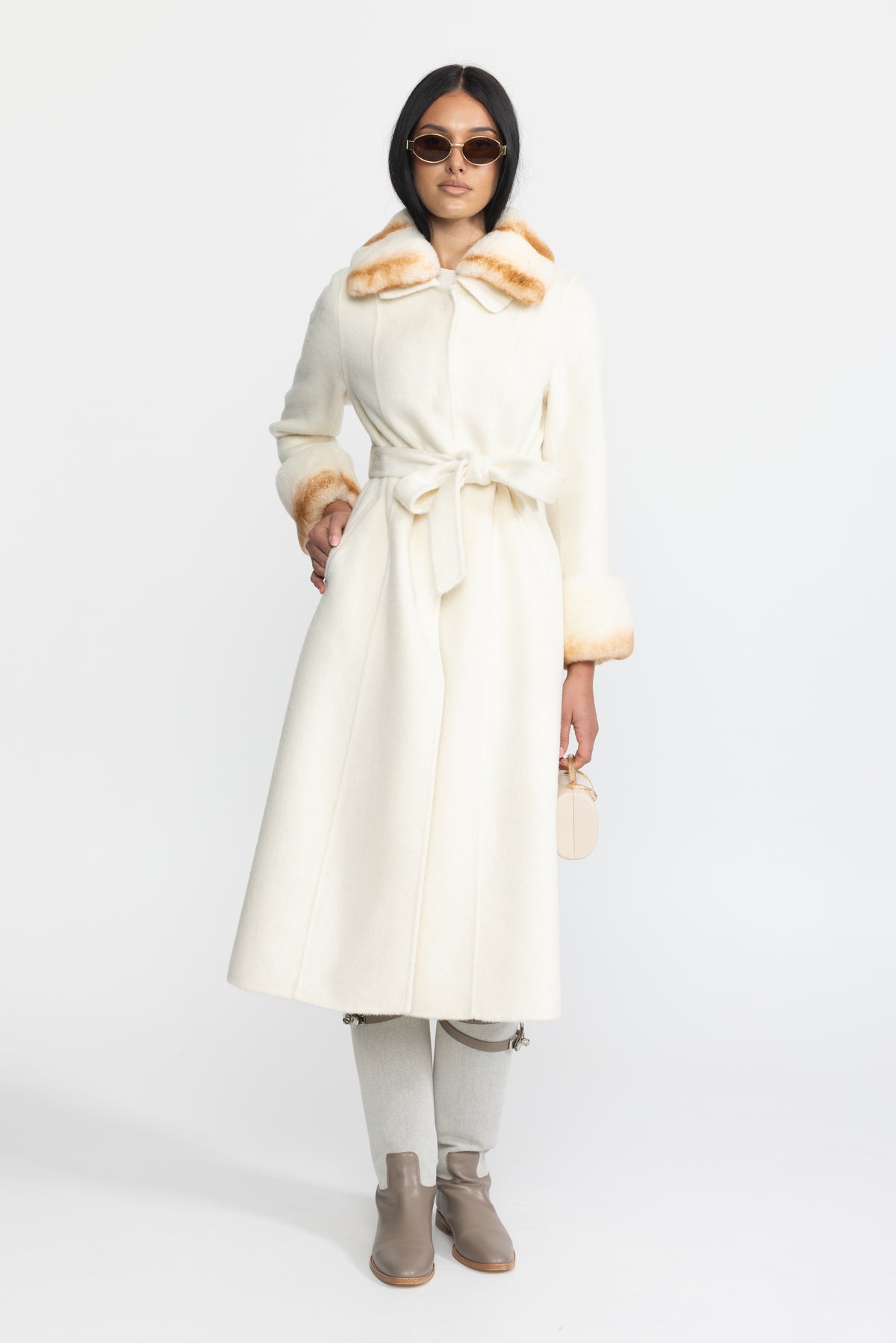 Rex Rabbit Fur Collar Capelet Wool Coat - Ivoire