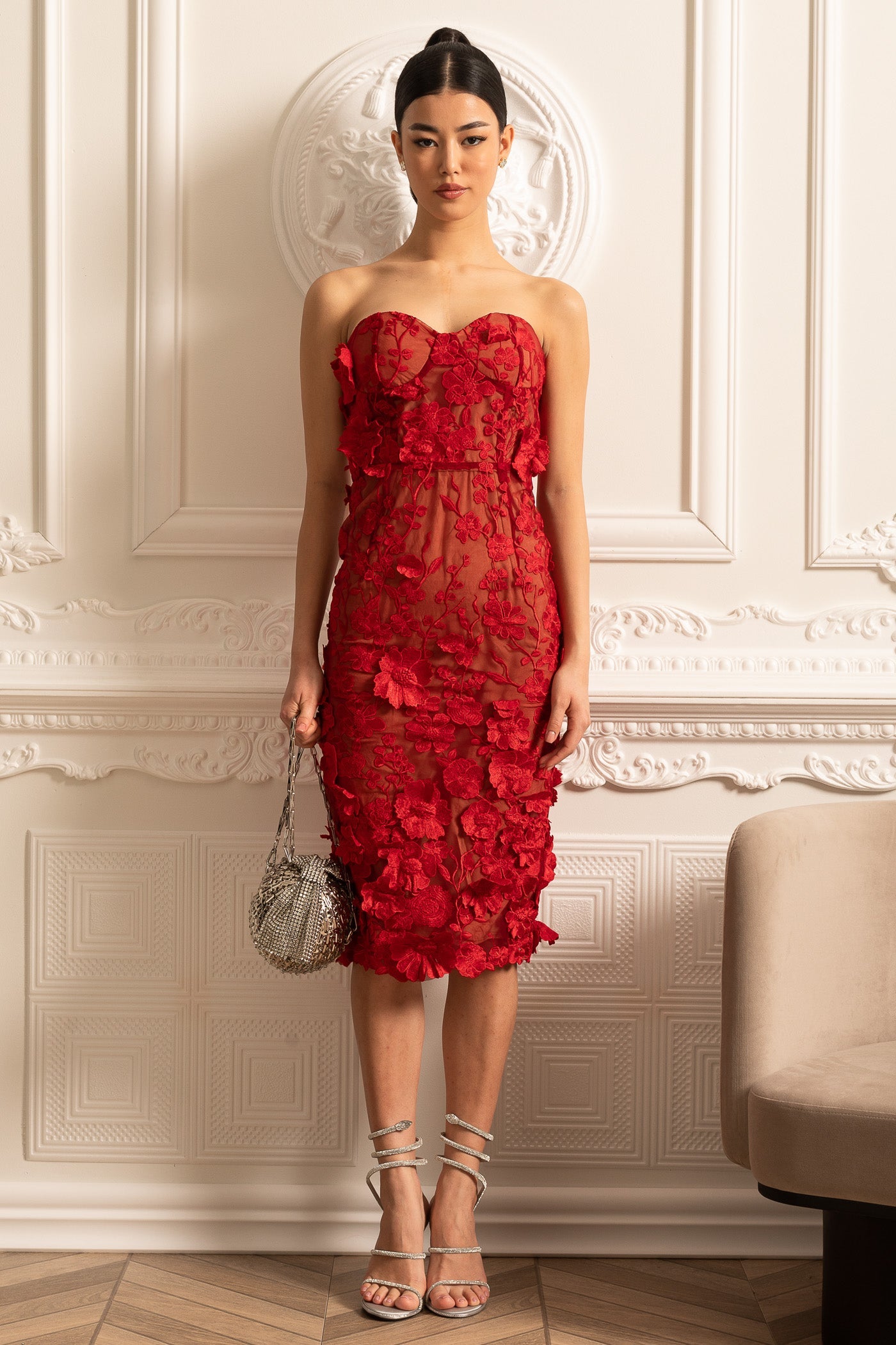 Sheer Embroidered Dress With Intricate Floral Pattern - Red