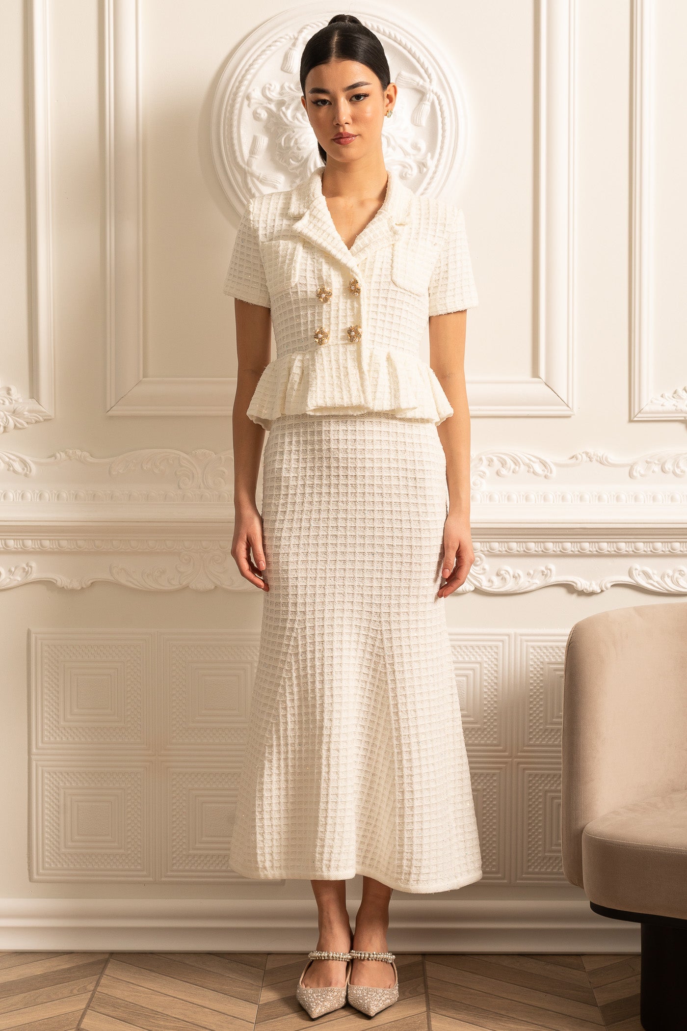 Knitted Midi Dress With Gold Buttons And Peplum Waist - White