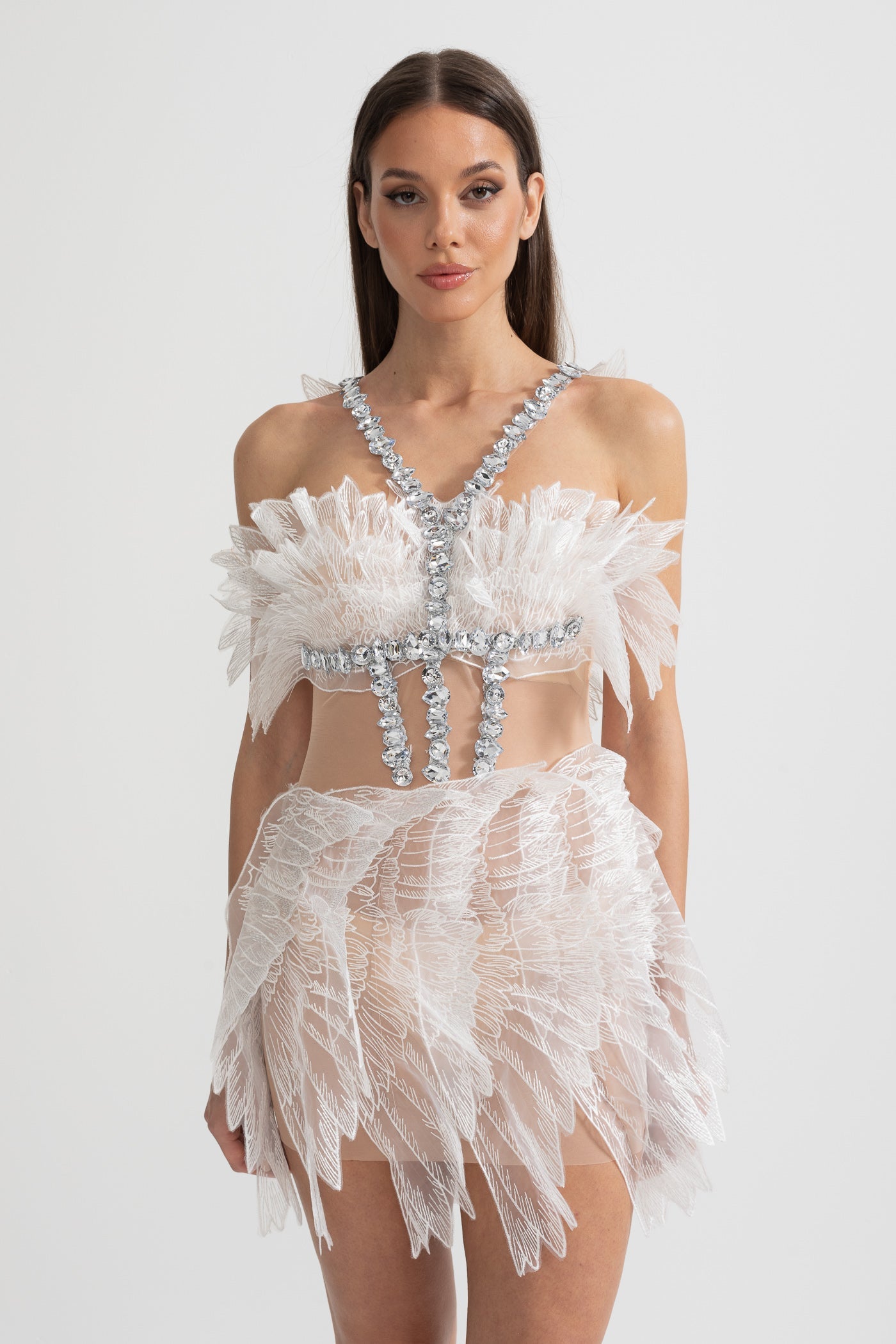 Ethereal Mini Dress With Sheer Wings Texture And Crystal Embellishments - White