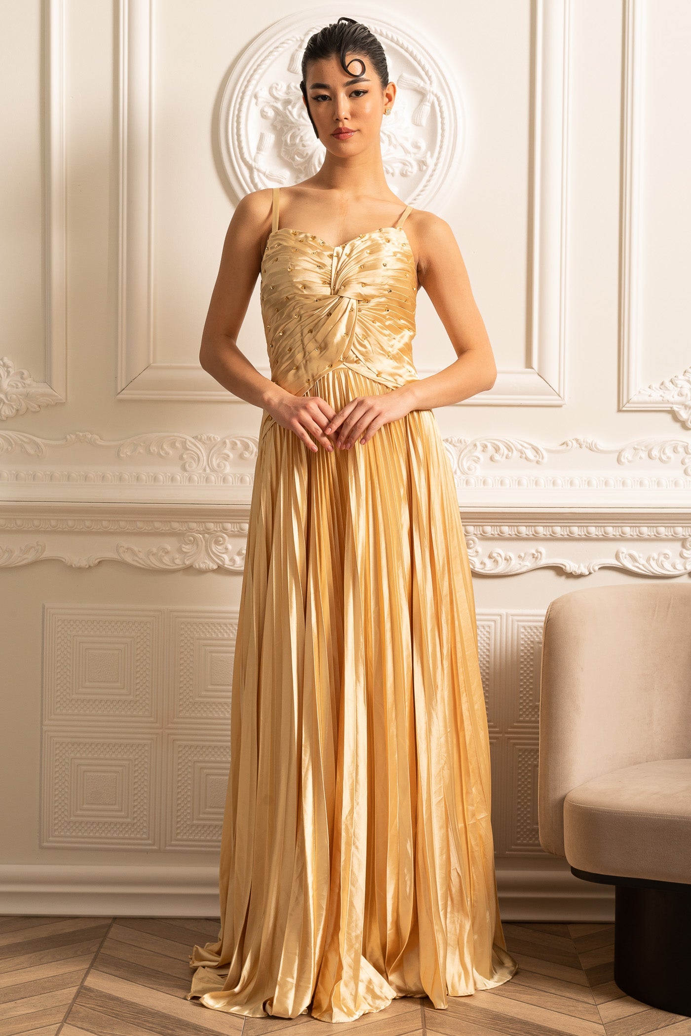 Cascade Gown With Back Lace Detail - Gold