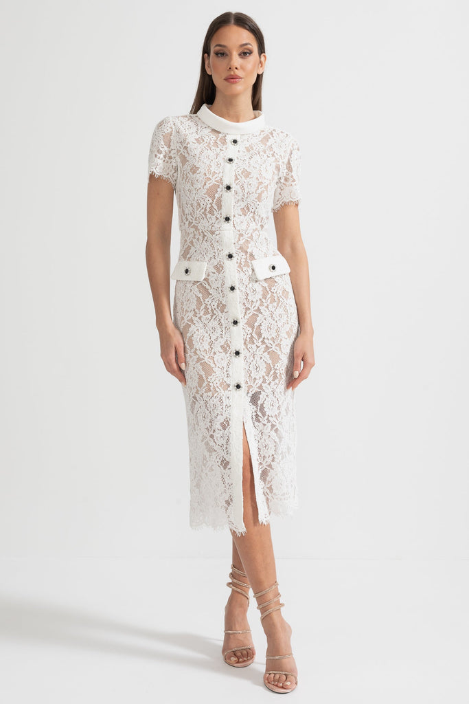 Elegantes Spitzenkleid mit kurzen Ärmeln und passendem Taillengürtel - Weiß 