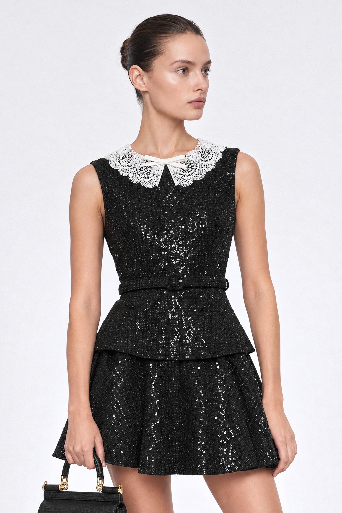 Sequin Tweed Peplum Mini Dress - Black