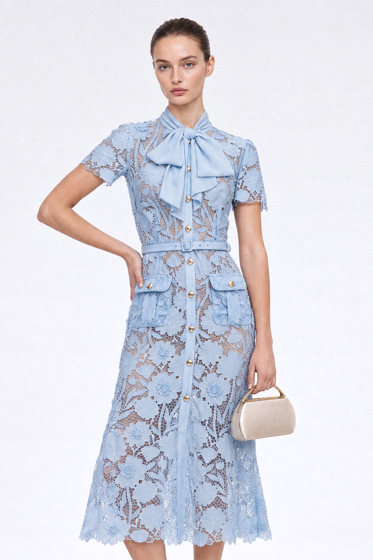 Guipure Lace Shirt Dress - Powder Blue